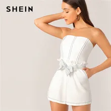 SHEIN контрастная стежка оборка отделка поясом белый комбинезон женский комбинезон без рукавов сексуальный Летний комбинезон средняя талия широкие брюки комбинезон