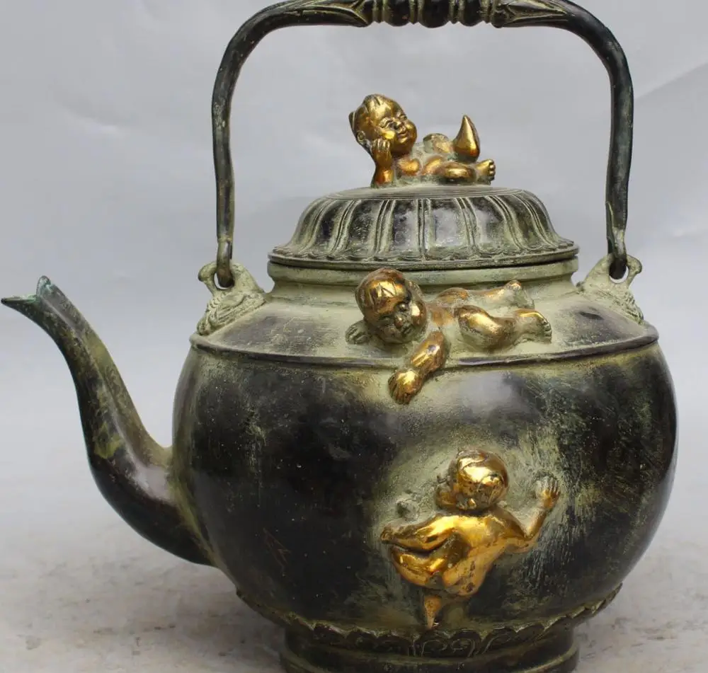 

13" Marked Chinese palace Bronze Gilt Tong Zi Boy Lad Wine Tea Pot Flagon Teapot