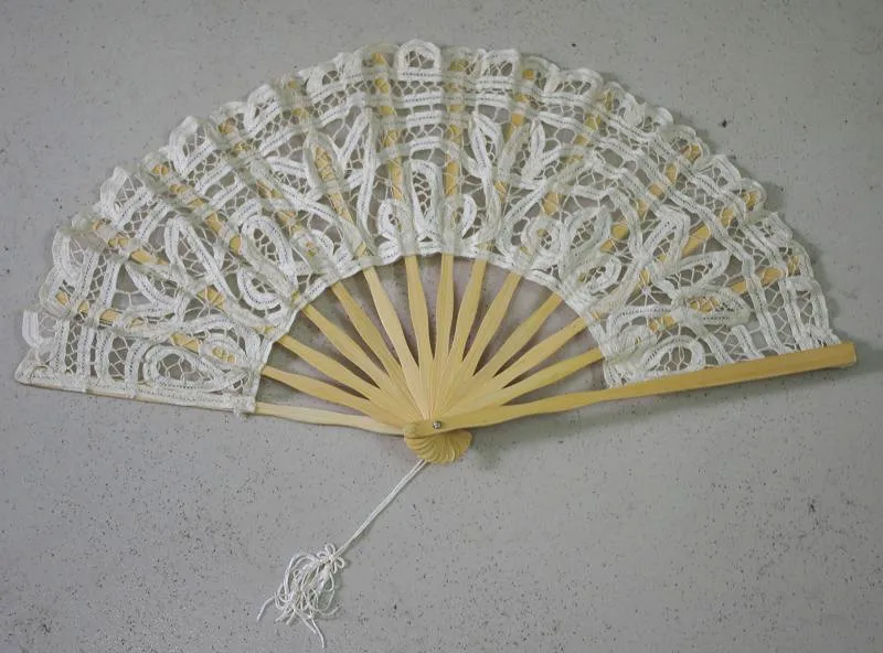 

Battenburg Ivory Lace Bridal Dancing Hand Fan With Bamboo Stem Wedding Party