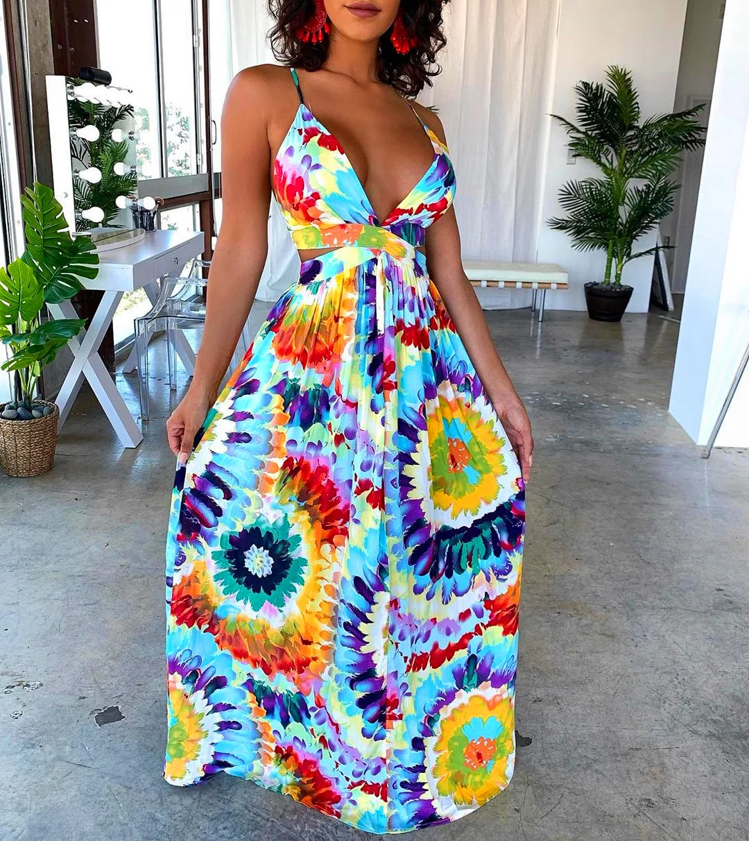 

2019 women beach black hole floral tie dye printed halter deep v-neck cut large swing maxi dress sexy party long dresses AL041