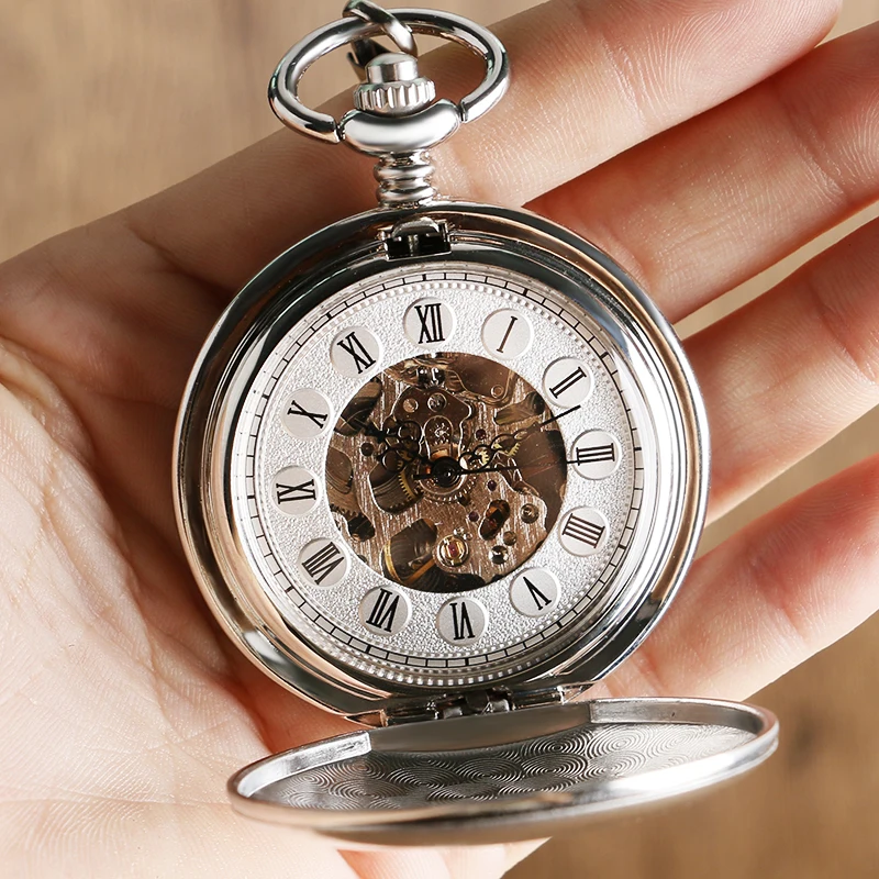 Винтажные серебряные карманные часы механические ручные часы с римскими цифрами Модные мужские и женские двойные охотничьи подвесные Ретро крутые гладкие часы
