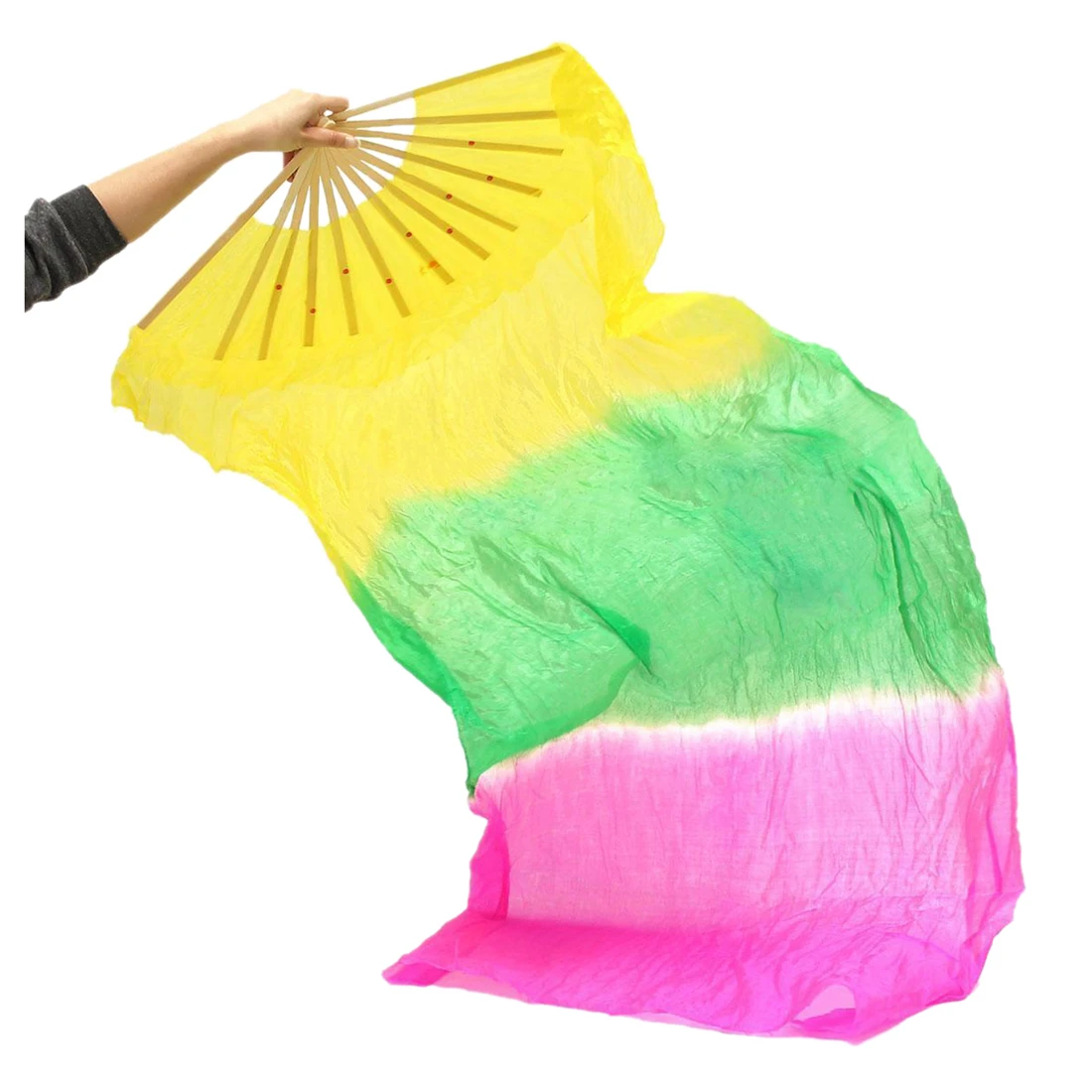 

5Set Sale 1.8m Hand Made Colorful Belly Dance Dancing Synthetic Natural Bamboo Long Fans Veils, Yellow green pink