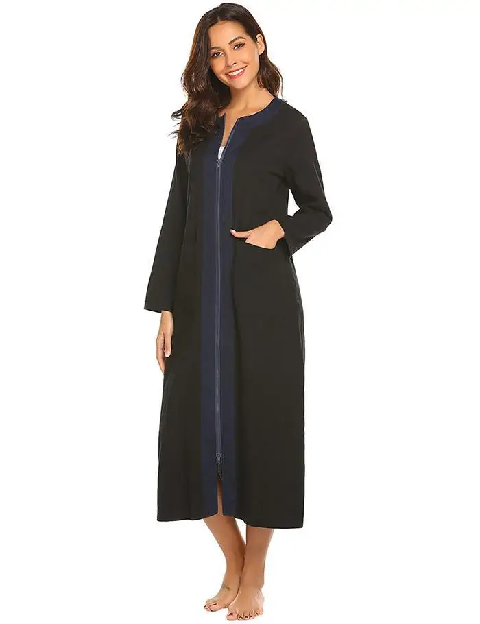 Ekouaer пижама с длинными рукавами платье Для женщин Ночная рубашка с О-образным вырезом свободные Повседневное карман на молнии в стиле пэчворк рубашки одежда для сна Женская