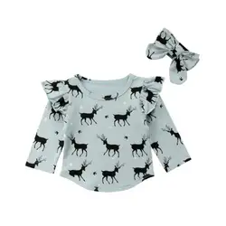Новорожденных Одежда для детей; малышей; девочек с длинными рукавами футболка с оленями Топ ободки 2 шт. комплект одежды
