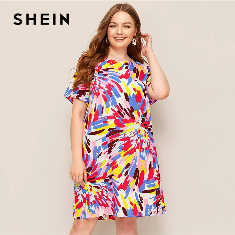 

SHEIN Plus Size Multicolor Splash Print Tunic Dress 2019 Women Summer Casual Straight Round Neck Short Sleeve Shift Plus Dresses