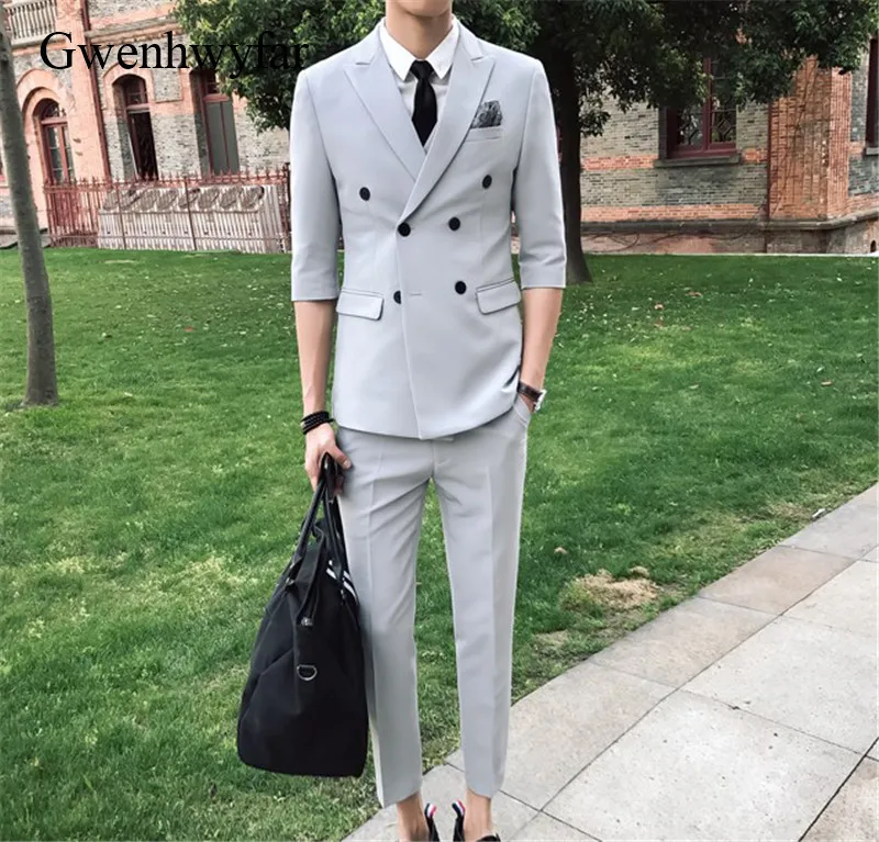 Buy Gwenhwyfar Short Sleeve Young Men Casual Suits Sliver grey Mens Wedding