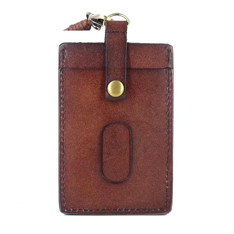 ID Badge Holder For Office Work First Layer Leather Retractable Lanyard Identity Neck Strap Bus Credit Card Holders Mini Wallets