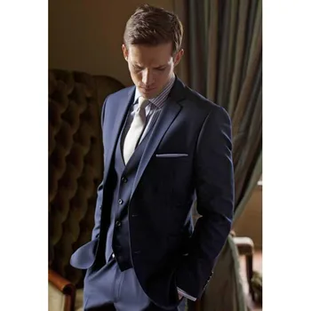 

Custom Made Two Buttons Navy Blue Groom Tuxedos Notch Lapel Groomsmen Mens Wedding Suits ( jacket+Pants+vest+tie)