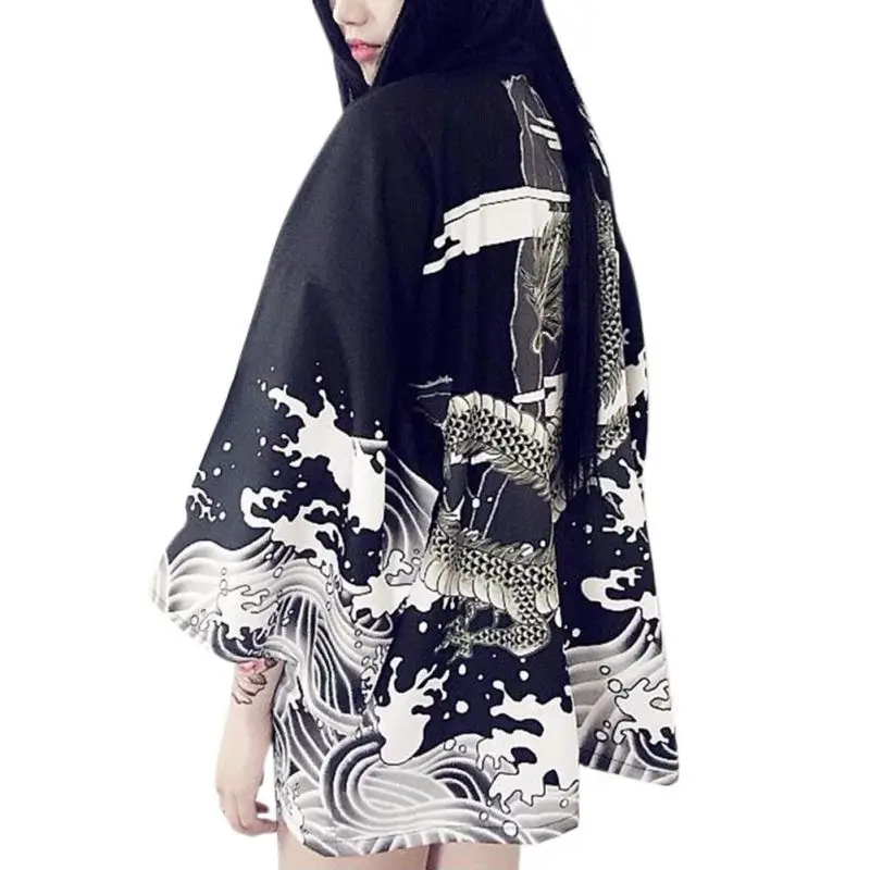 2018 Vintage Japanese Harajuku Style Waves And Wind Dragon Japanese Kimono Print Cardigan Summer Women Clothings Blouse