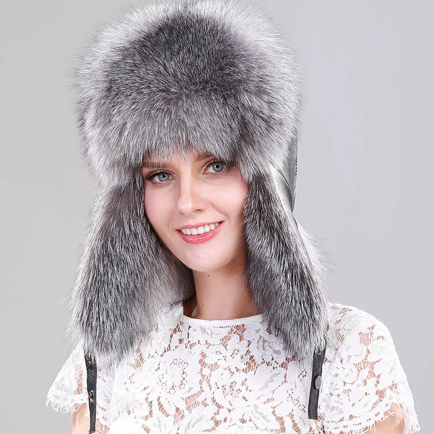 ICYMI натуральная шапка из меха серебристой лисы с ушками натуральная меховая шапка для российских женщин шапки-бомберы шапка охотника с верхом из натуральной кожи - Цвет: COLOR 1