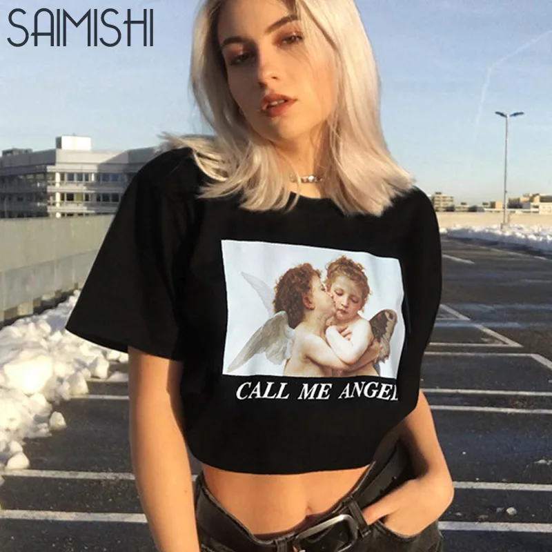 Женская футболка с коротким рукавом Saimishi Angel черная хлопковая Футболка буквенным