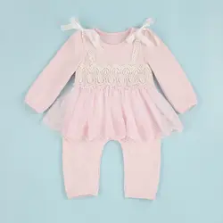 Новорожденных Демисезонный ребенка комбинезон милый кружева новорожденных девочек Джемперы Дети Детские костюмы От 0 до 2 лет розовый