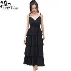 UHYTGF женские летние платья Модные без рукавов Слинг сексуальное платье v-образный вырез пуловер вечерние платья черное с открытыми плечами