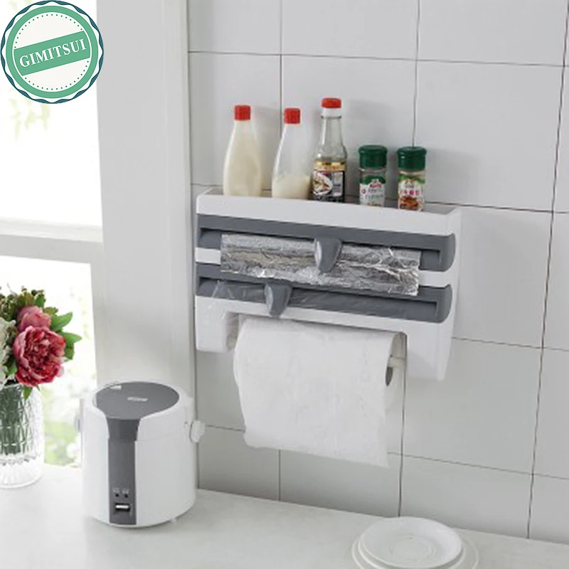 Mulifunction Plastic Wrap Tissue Foil Holder Cutter Device Storage Rack Dispenser and Spice Home Organizer Paper