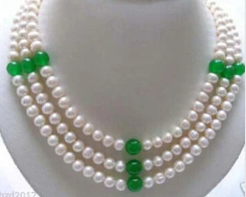 

3 Row 7-8mm White Freshwater Pearl & 8mm green jade Necklace