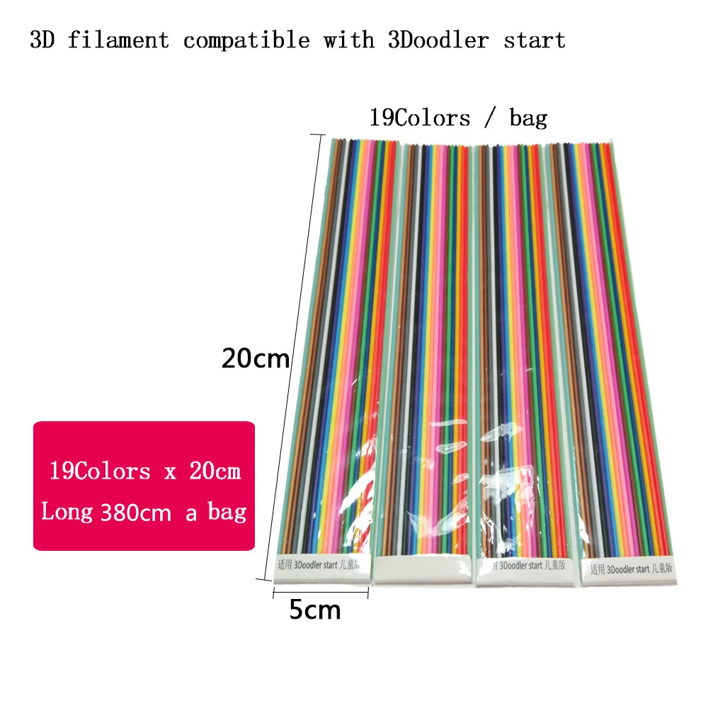 Совместимость с 3doodler начать прямые PCL Объёмный рисунок(3D-принт) нити 20 см* 19 различных цветов в общей сложности 380 cm/bag эко-пластик