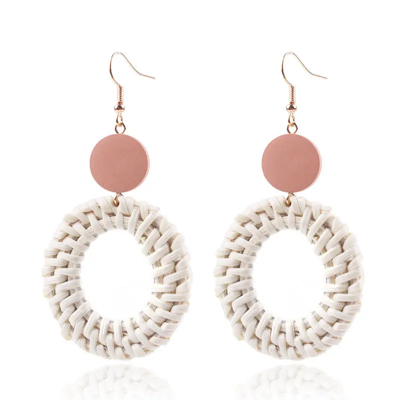 Rattan Drop Earrings Korean Round Pink Women Long Dangle Earring Fashion Pendientes Mujer Moda Trendy Jewelry Kolczyki | Украшения и