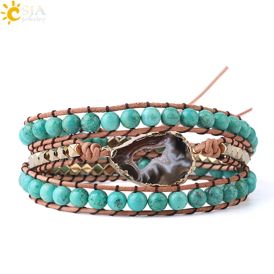 

CSJA Natural Turquoises Mala Beads Bracelet Agates Slice Geode Bracelets Charms Boho Wrap Gems Stone Jewellery for Women S225