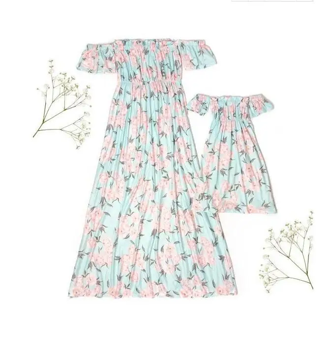 

ZOGAA 2019 Print Floral Off Shoulder Mommy and Me Clothes Causal One Piece Mother Daughter Matching Clothes