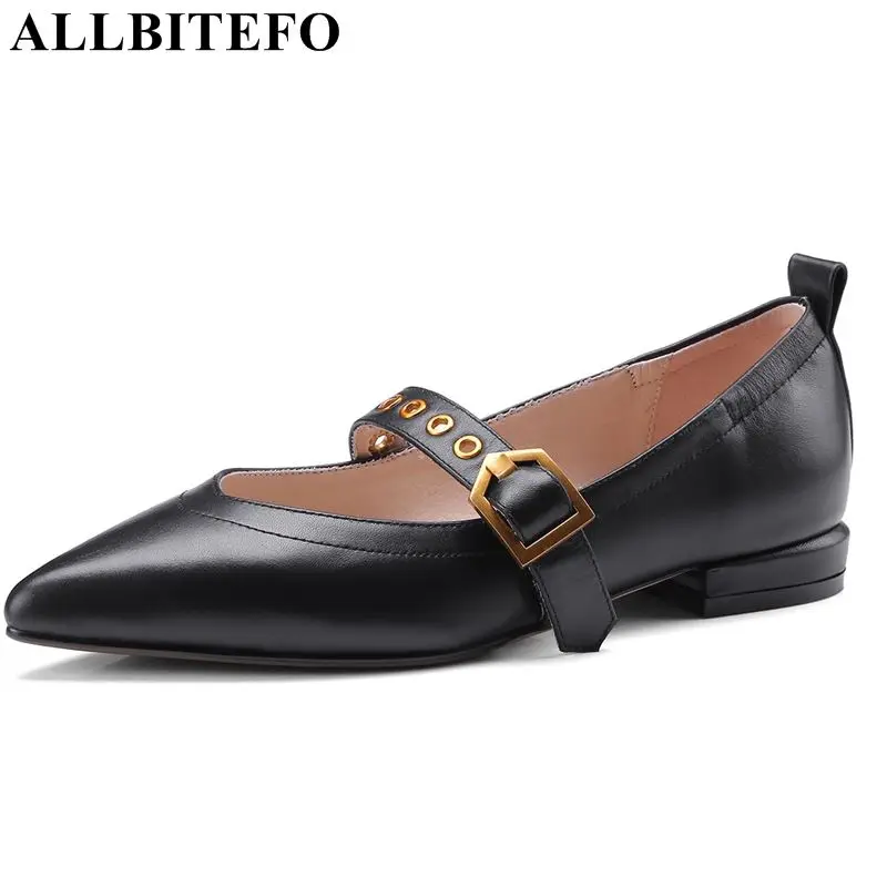 

ALLBITEFO genuine leather woman shoes low heel shoes pointed toe comfortable spring summer buckle gilrs ladies women heels shoes