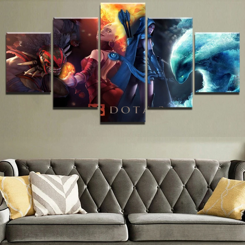 5 Pieces DotA 2 Fire And Water Warrior Wall Art Game Modular Picture Home Decoration Living Room On