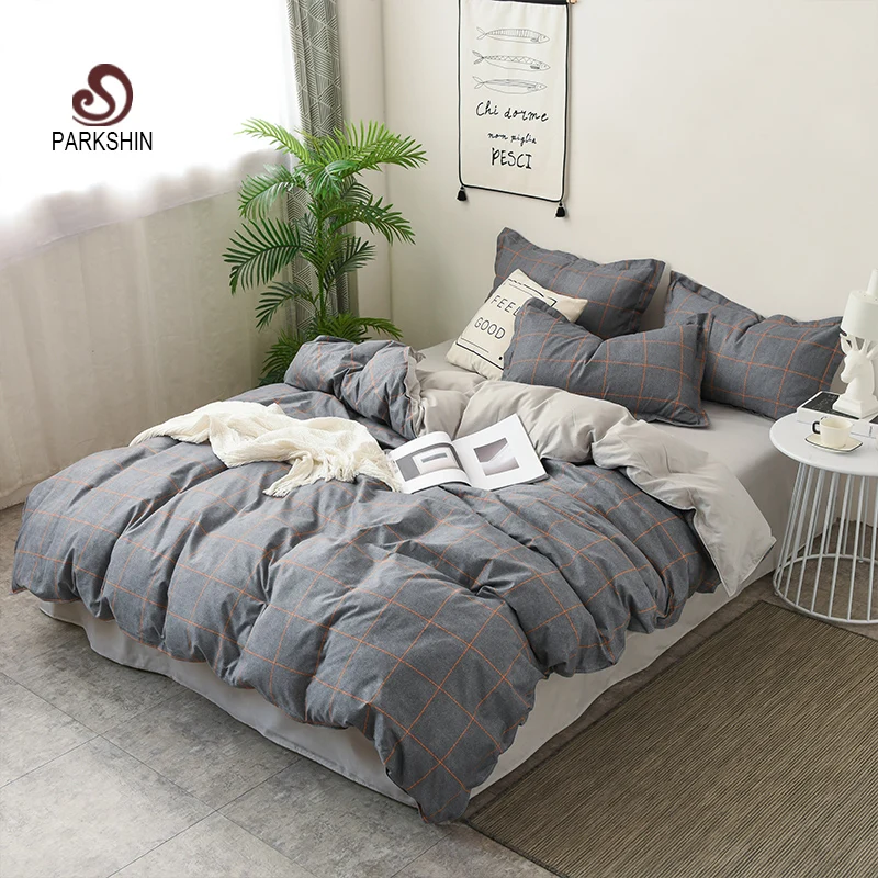 

ParkShin Classic Grid Gray Bedding Set Comfortable Duvet Cover Bed Linen Pillowcase Flat Sheet Single Double Queen King Size