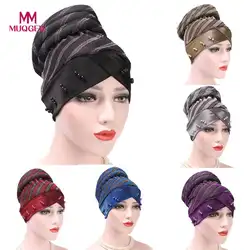 2018 Для женщин Индия шляпа мусульманских рюшами Рак шляпа Pearl Beanie шарф Тюрбан головы шапочка мусульманских шапочка для химиотерапии после