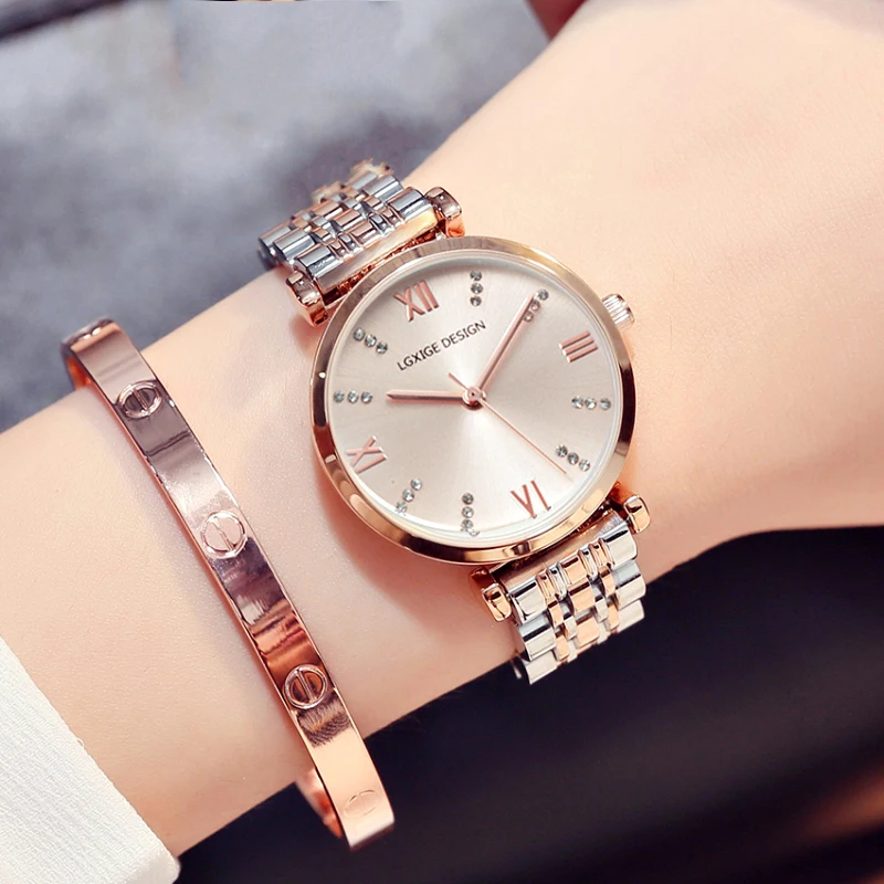 

LGXIGE Steel Woman Watches brand luxury rose gold watch Geneva Diamond quartz watch ladies wrist watch relogio feminino