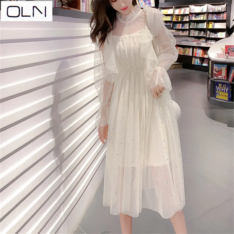 

Vestidow new arival Dress mesh ONL spring and summer new five-pointed star sequin mesh two-piece dress