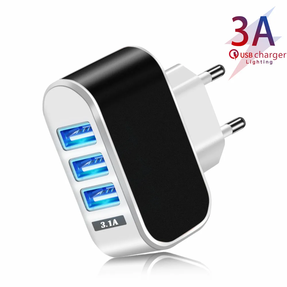 

USB Phone Charger Universal 3 Port Fast Charging Wall Travel LED Lighting usb charger adapter for xiaomi samsung tablet EU US