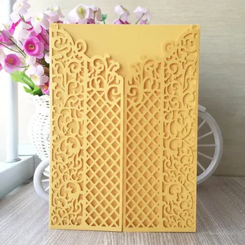 

Hot 50Pcs Yello & Lovely Pink Flower Wedding Invitation Cards Kit Envelopes Seals Personalized Printing Two Folds Design New