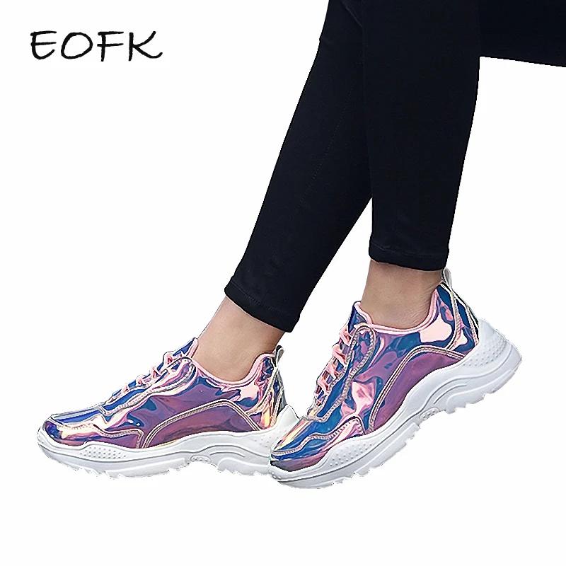 

EOFK Women Sneakers Shoes Woman Spring Autumn Pink Shiny Bling Vulcanize Shoes Flats Glinted PU Lace Up Women's Sneakers