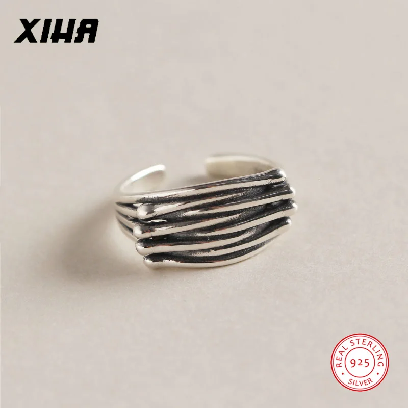 

XIHA Genuine 925 Sterling Silver Rings for Women Geometric Pave Lines Adjustable Ring Thai Silver Punk Jewelry Dropshipping