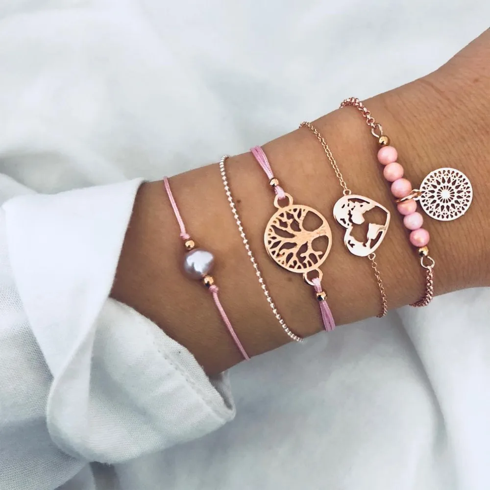 Bohemian Pink Stone Beads Pearl Bracelet Set For Women Trees Of Life Heart Map Bangles Femme Jewelry Gift | Украшения и