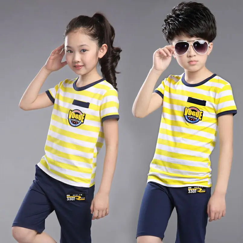 

3-14T Children Clothes Set for Boys Girls Summer Striped Short Sleeved Kids T-shirt +pants School Students Clothes