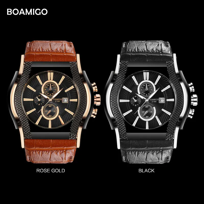 05High Quality Watches BOAMIGO Brand Mens Army Watch Leather Band Water Resistant Auto Date Relogio Masculino De Luxo Alloy Case   (14)