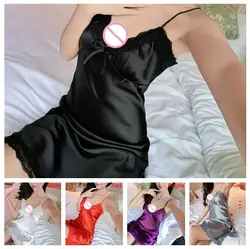 Женская кружевная ночная рубашка с v-образным вырезом, пикантная шелковая ночная рубашка без рукавов, атласное Ночное платье, ночная