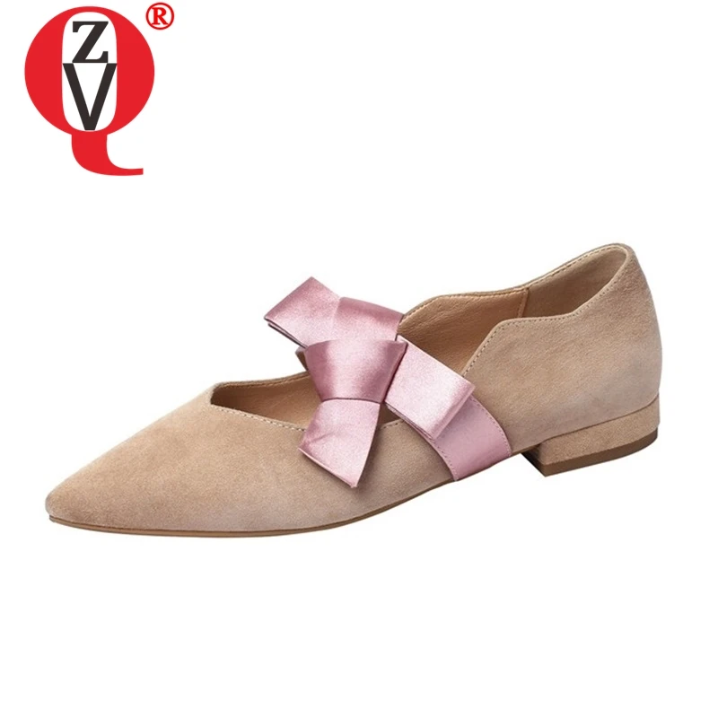 

ZVQ shoes woman spring summer flats 2019 new casual date dress pointed toe footwear ladies kid suede bow plus size 33-40 shoes