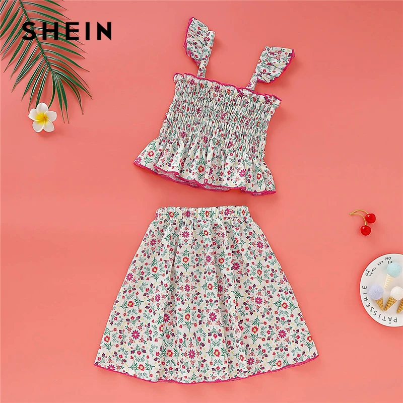 

SHEIN Toddler Girls Ditsy Floral Shirred Peplum Cami Top With Skirt Boho Set 2019 Summer Sleeveless Holiday Ruffle Hem Outfits