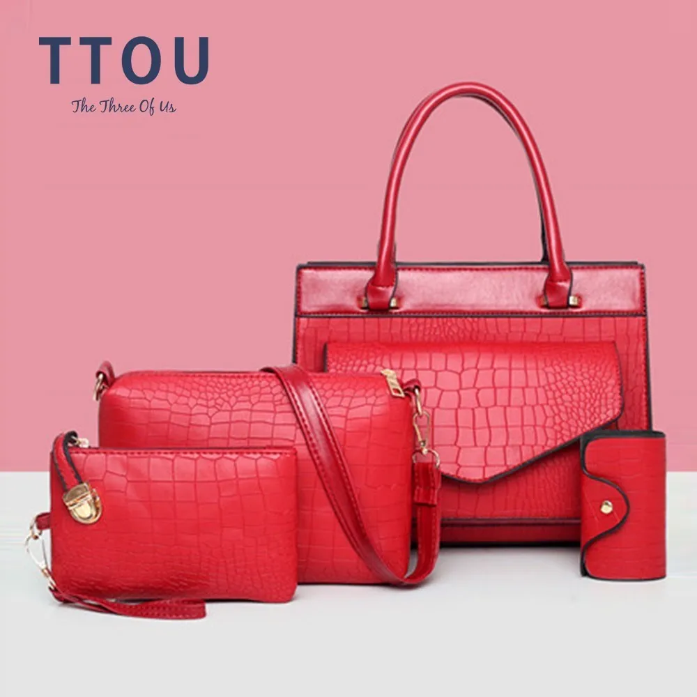 

TTOU 4Pcs/Set Large Capacity Shoulder Bag For Female Crocodile Pattern Crossboby Bag Lady Luxury Black Silver Women Tote Handbag