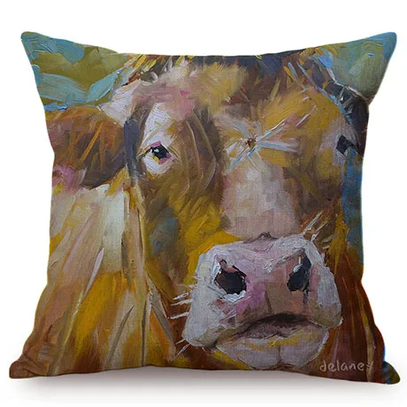 3D Cattle Cow European Style Oil Painting Art Farm Animal Print Home Decor Throw Pillow Case Cotton Linen Car Sofa Cushion Cover K90-2