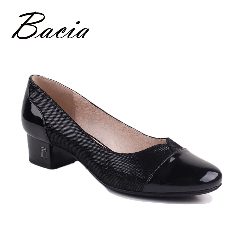 

Bacia Black Foil Sheepskin Leather Pumps Square heel Round Toe Low Heels Women Slip on Medium Shoes Euro 36-40 Big Dicount VB046