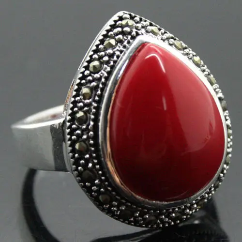 

Free shipping 25*20mm RARE JEWELRY DROP RED Coral 925 SILVER RING SIZE 7/8/9/10