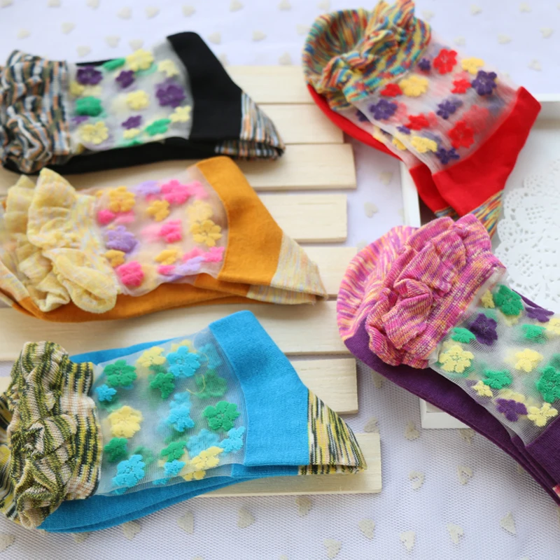 Лидер продаж, новинка, 5 пар/партия, весенние женские хлопковые носки с цветочным узором, женские прозрачные кружевные носки в китайском стиле с вырезами и рюшами, Meias