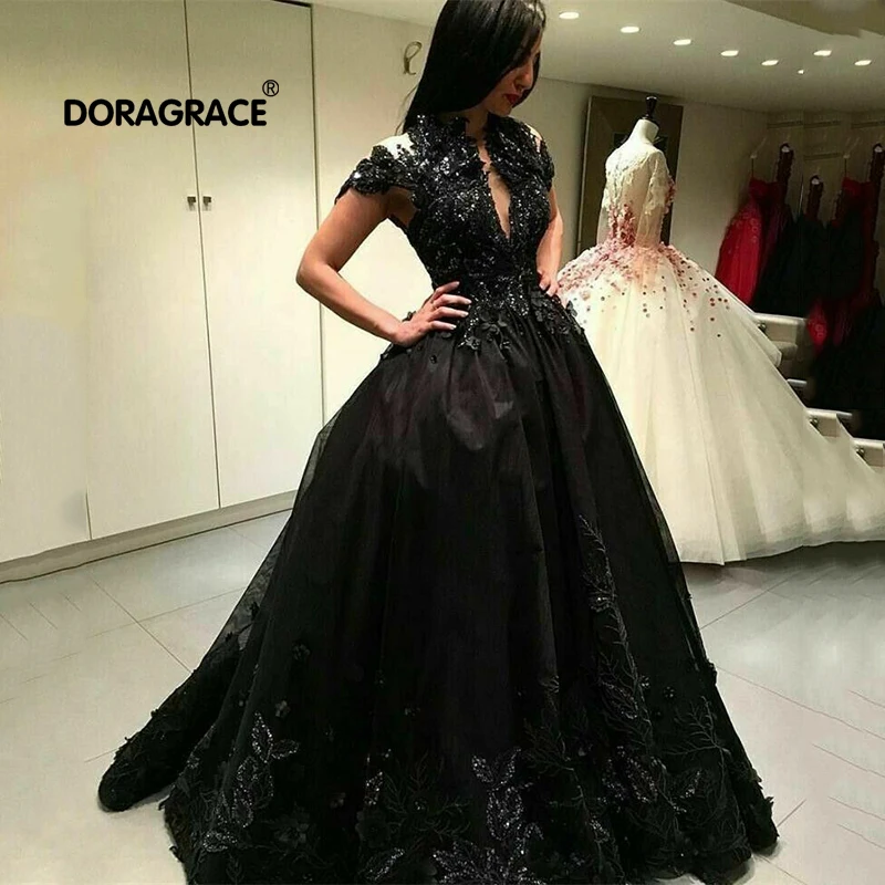 

Doragrace Custom Made V-Neck Cap Sleeve Applique Black Wedding Dress Brides Wedding Dresses