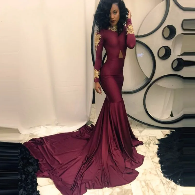 Long Prom Dress Neck Gold Promotion-Shop For Promotional Long Prom Gold Lace Beaded Black Girl Burgundy Prom Dresses 2017 High Neck Long Sleeve Mermaid Long Train Party Evening Formal Gowns - Long Prom Dress Neck Gold Promotion-Shop For Promotional Long Prom