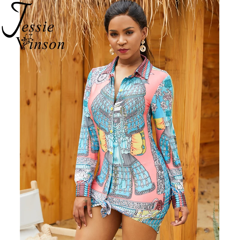

Jessie Vinson Women High Street Ethnic Print Long Sleeve Turn-down Collar Long Shirt Blouse Female Printing Tops and Blouse