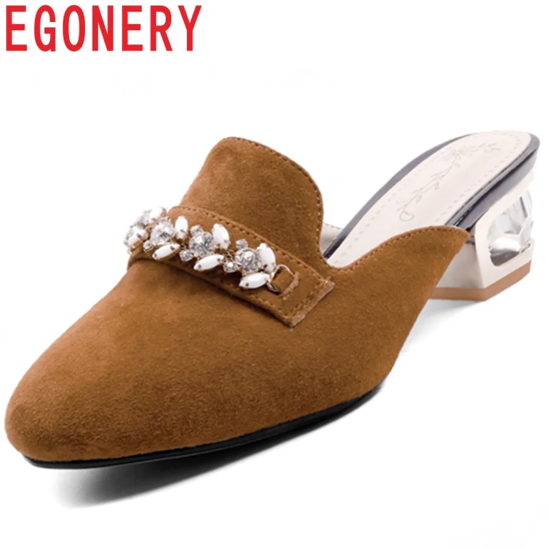 

EGONERY high quality Kid Suede Leather woman Slippers Outside Crystal Flower Solid black caramel Fashion high heels women shoes