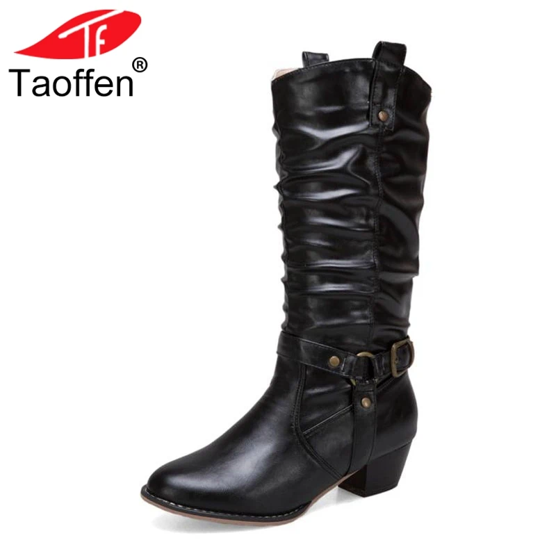 

Taoffen Plus Size 34-50 Vintage Women High Heels Boots Buckle Round Toe Mid Calf Boots Party Warm Shoes Women Sexy Footwear