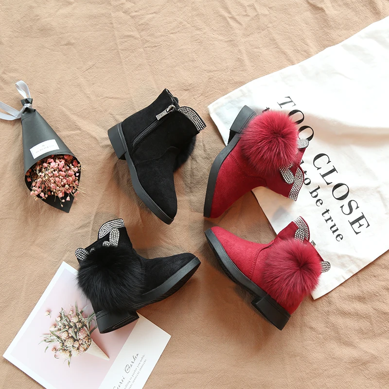 2018 Girls Rhinestone Glitter Boots with cashmere cotton, Bunny Ears, Kids lovely Fur Ball winter warm shoes, black and Red   (7)